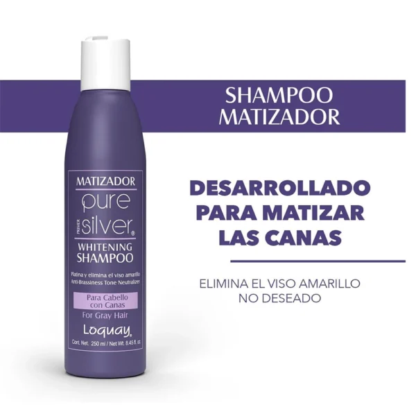 Matizador Pure Silver Whitening Shampoo For Gray Hair Loquay, 200ml /  8.45 fl oz - Image 3