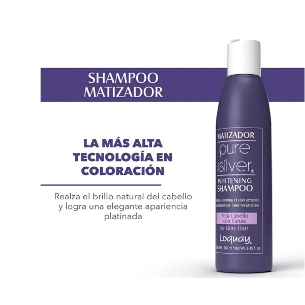 Matizador Pure Silver Whitening Shampoo For Gray Hair Loquay, 200ml /  8.45 fl oz - Image 4