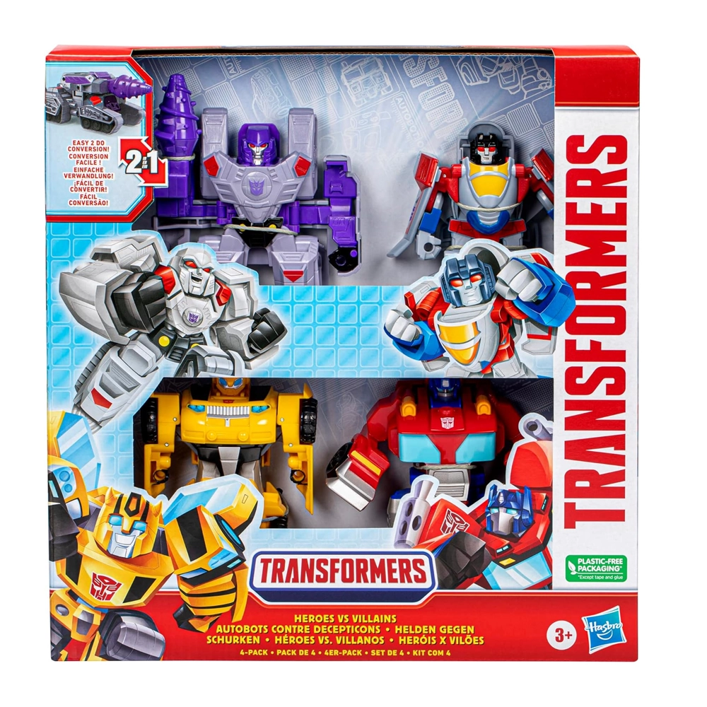 Transformers Toys Heroes vs Villains 4-Pack, Autobot and Decepticon 4.5-Inch Action Figures, for Ages 3 and Up Kids